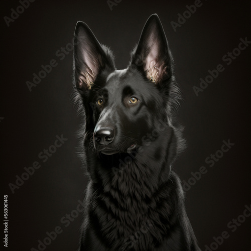 black dog resembling a german shepherd sits on a black background 