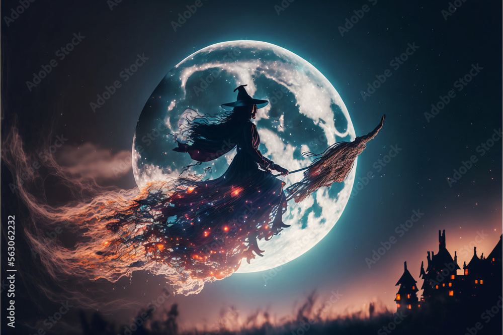 Witch flying on a broom in front of full moon. Designed using ...