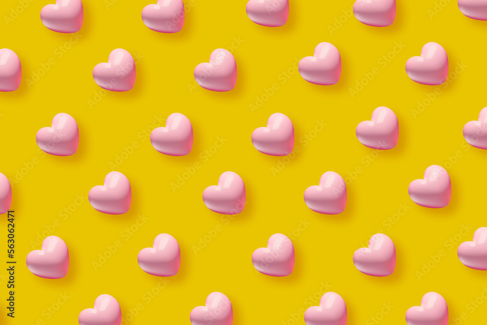 Pink hearts pattern against yellow background. Happy Valentine Day inspiration Love Romantic Romance Space for text Pink hearts pattern against yellow background. Happy Valentine Day inspiration Love Romantic Romance Space for text