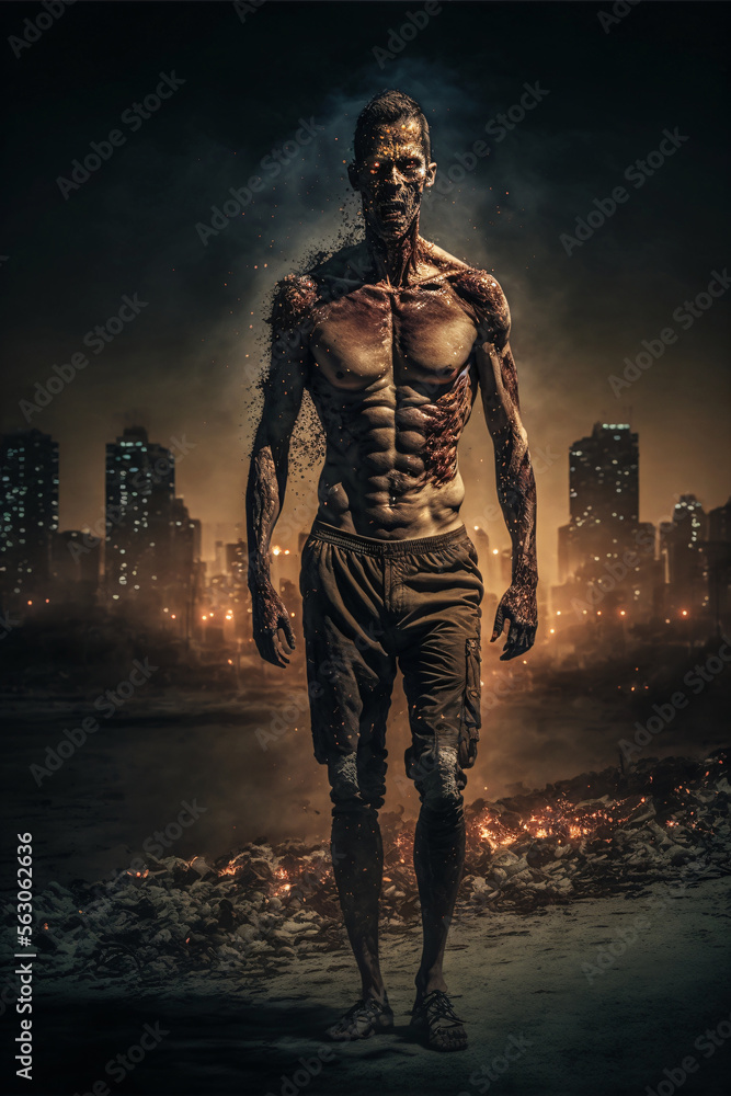 Zombie with rotten skin on front of burning city. Designed using generative ai. Zombie with rotten skin on front of burning city. Designed using generative ai.