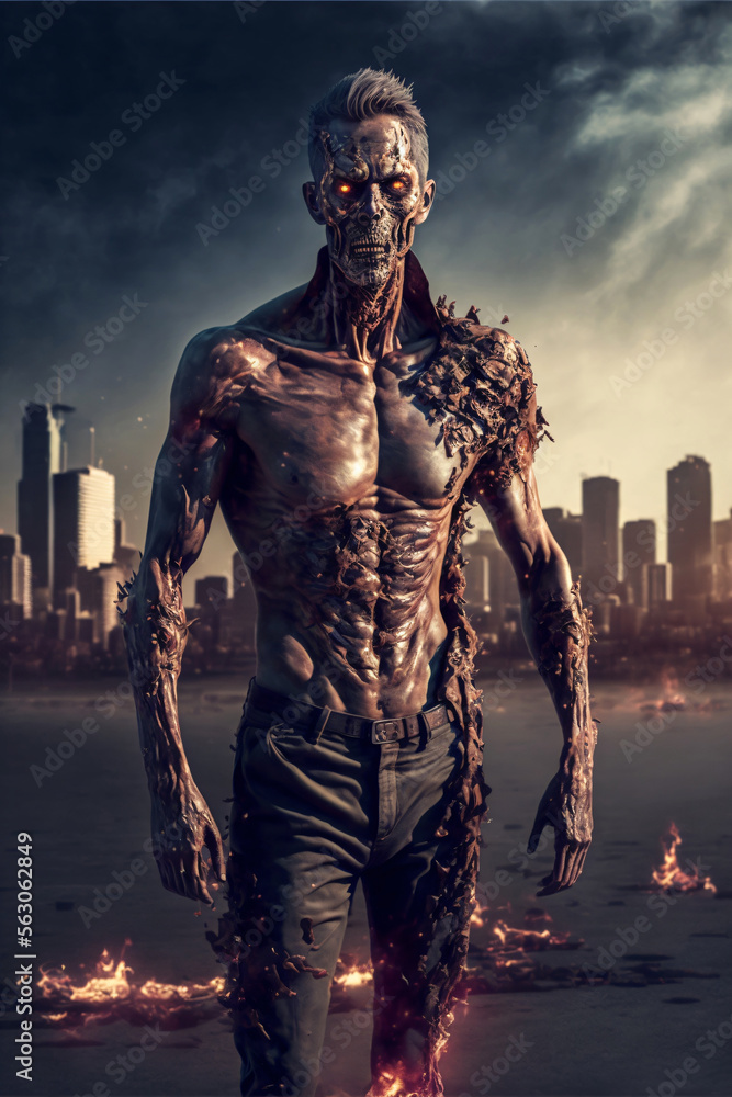 Zombie with rotten skin on front of burning city. Designed using generative ai. Zombie with rotten skin on front of burning city. Designed using generative ai.