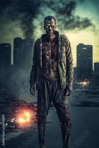 Zombie with rotten skin on front of burning city. Designed using generative ai. 