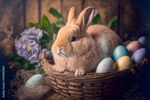 Adorable easter bunny in a basket with decorated easter eggs, Generative AI