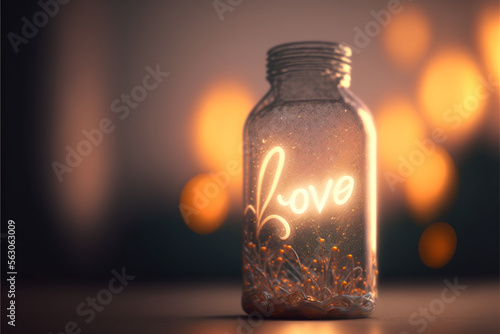 fascinating bottle with the word love in front of a background with glowing lights, generative ai photo