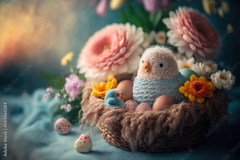 cute embroided chick in an easter nest with easter eggs and spring flowers, generative ai