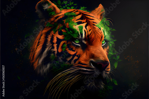 high contrast tiger in the night with foliage  generative ai