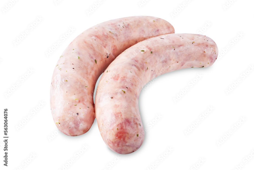 Raw pork sausage in a cream sauce on a white isolated background Raw pork sausage in a cream sauce on a white isolated background
