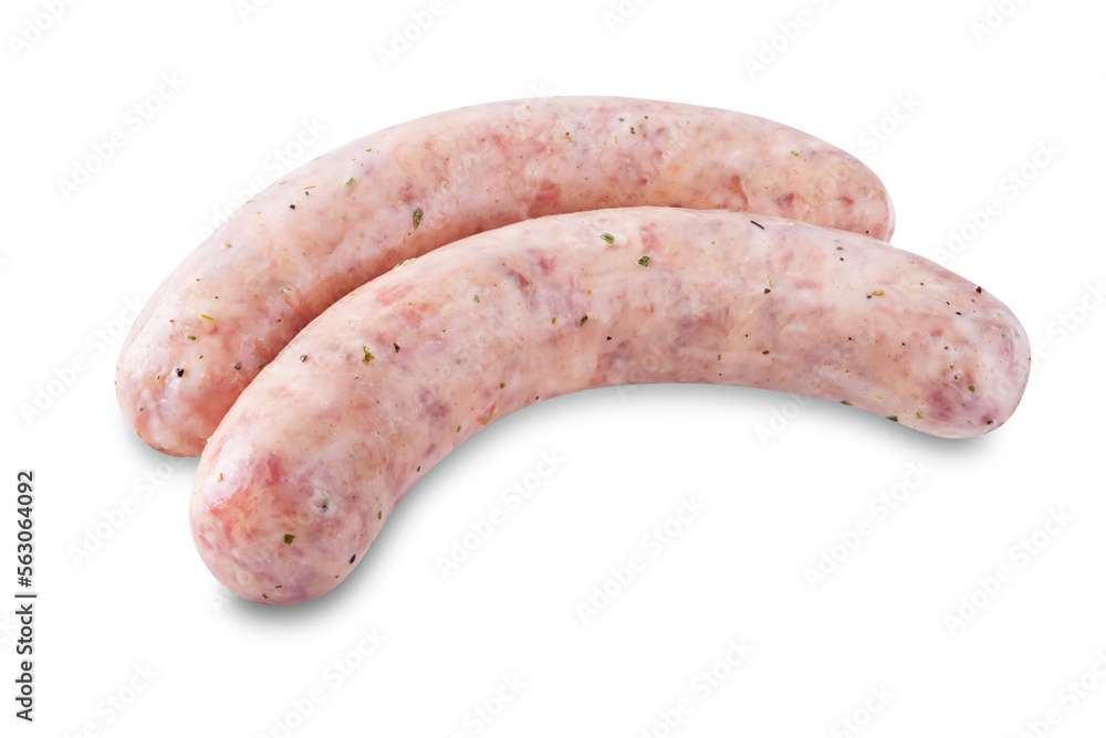 Raw pork sausage in a cream sauce on a white isolated background Raw pork sausage in a cream sauce on a white isolated background