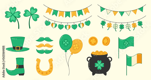 Saint Patricks day element collection. Clover, horseshoe, pot of gold coins, leprechaun hat and shoes. Vector illustration