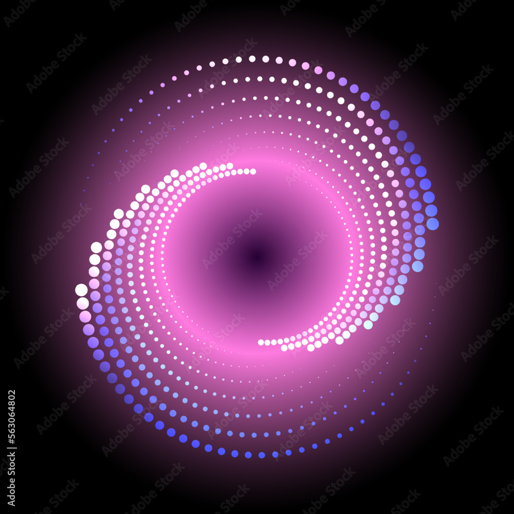 Pink circle of dotted halftones with neon glow on a black background. A design element. The effect of a rotating, disappearing gradient. Abstract minimalistic background. Vector illustration. Pink circle of dotted halftones with neon glow on a black background. A design element. The effect of a rotating, disappearing gradient. Abstract minimalistic background. Vector illustration.