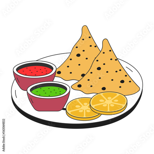 sambusaj vector icon design, Fast Food symbol, Junk food sign, popular inexpensive good taste snacks stock illustration, Vegetables Samosa with 2 types sauces concept