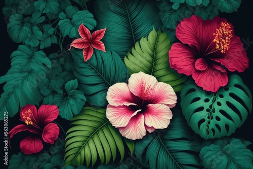 Tropical Hawaiian pattern with hibiscus flowers