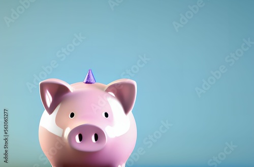 3D Piggy bank with a party hat over a blue flat background. Generative AI