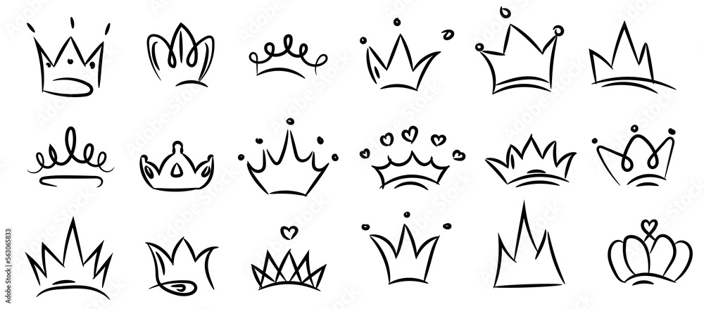 Doodle crown. Line art king or queen crown sketch, fellow crowned head ...