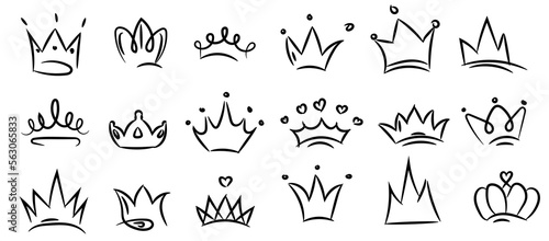 Doodle crown. Line art king or queen crown sketch  fellow crowned head tiara  beautiful diadem and luxury decals vector illustration set. Linear royal head accessories collection