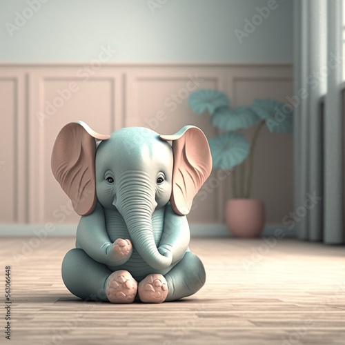 Generative ai cute little elephant doing yoga at home.