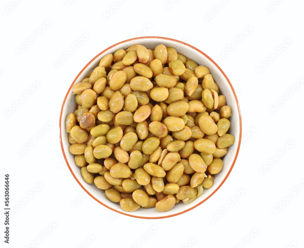 Steamed soy beans, or Edamame, in a ceramic bowl on white background. Steamed soy beans, or Edamame, in a ceramic bowl on white background.