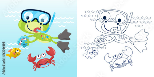 Vector illustration of cartoon funny frog wearing diving goggles with marine animals. Coloring book or page for kids