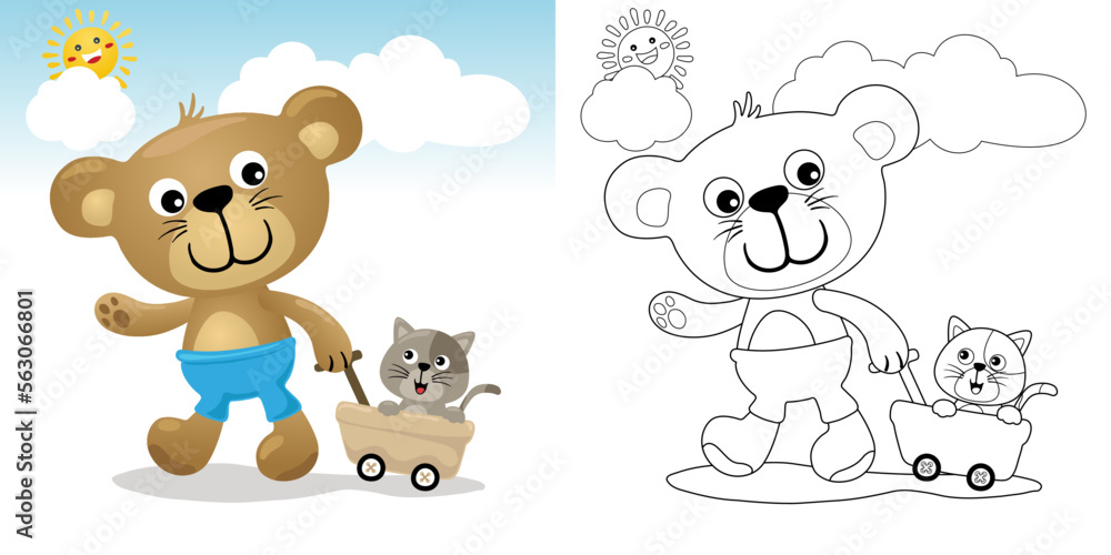 Obraz premium Vector illustration of cartoon bear pulling cat on cart. Coloring book or page for kids
