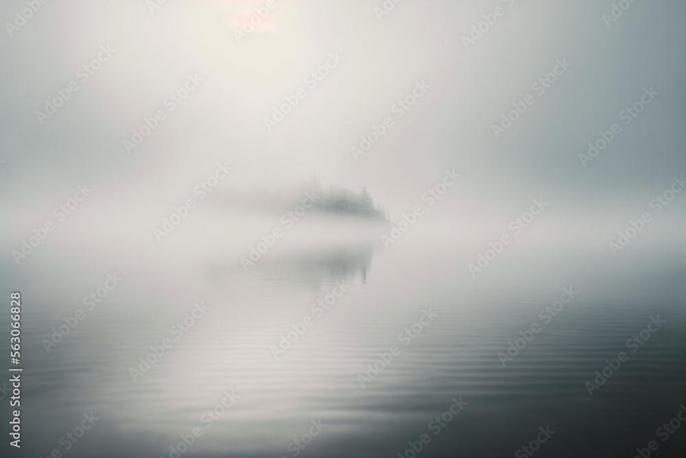 body of water covered in heavy fog made by generative ai