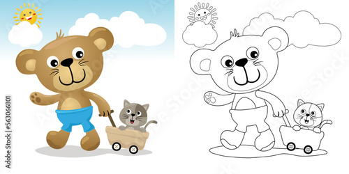 Vector illustration of cartoon bear pulling cat on cart. Coloring book or page for kids