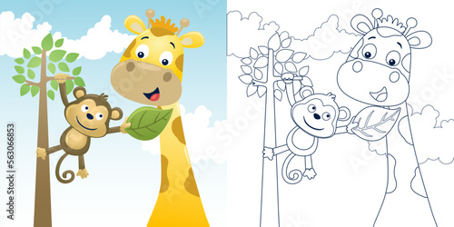 Vector illustration of cartoon giraffe with monkey on tree. Coloring book or page for kids