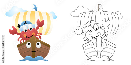 Vector illustration of cartoon crab wearing sailor cap on funny sailboat. Coloring book or page for kids