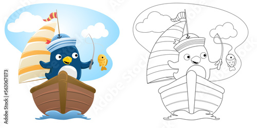 Vector illustration of cartoon funny penguin wearing sailor cap fishing on sailboat. Coloring book or page for kids