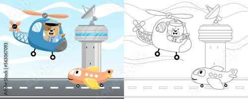 Vector illustration of cartoon aircraft in airport with funny cat on helicopter. Coloring book or page for kids