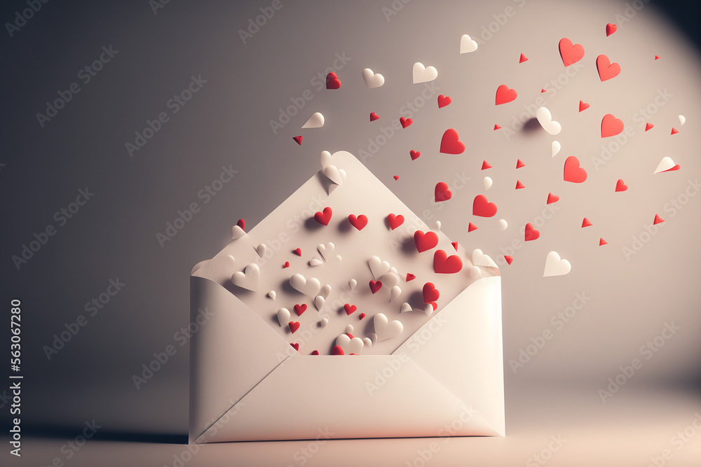 envelope standing up opening with red and white hearts flying away made by generative ai envelope standing up opening with red and white hearts flying away made by generative ai