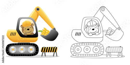 Vector illustration of cartoon cute monkey on excavator with banana and construction barrier. Coloring book or page for kids