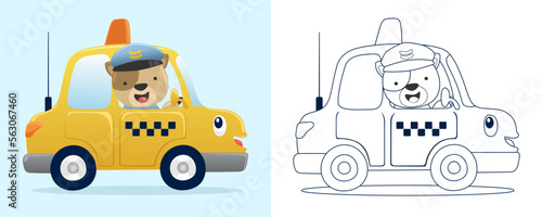 Vector illustration of cartoon funny cat driving taxi. Coloring book or page for kids