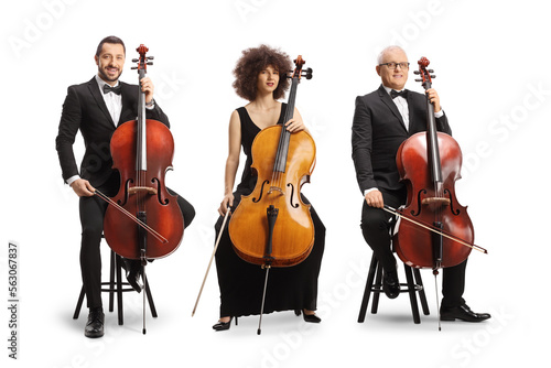 Musicians with cellos seated on chairs