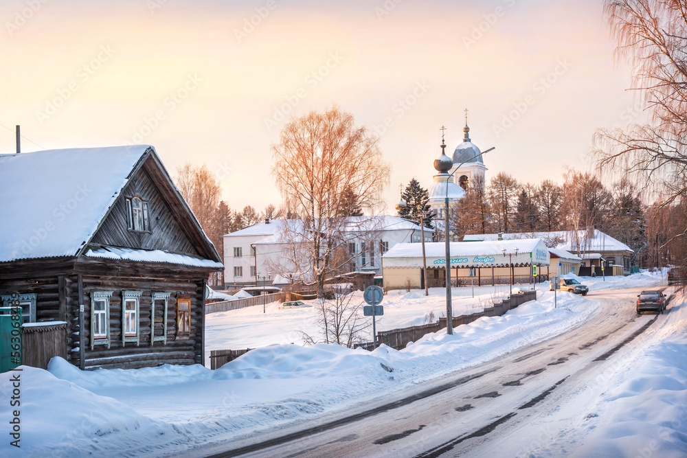 View of the dome of the Assumption Cathedral and a wooden house, Karl Liebknecht street, Myshkin city, Yaroslavl region