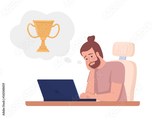 Male freelancer fantasizing about achievements semi flat color vector character. Editable figure. Full body person on white. Simple cartoon style illustration for web graphic design and animation