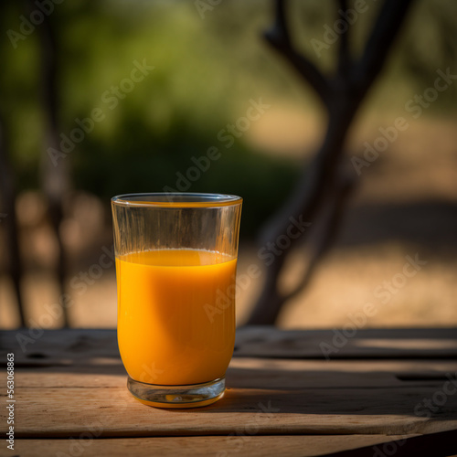 glass of orange juice on wood table background