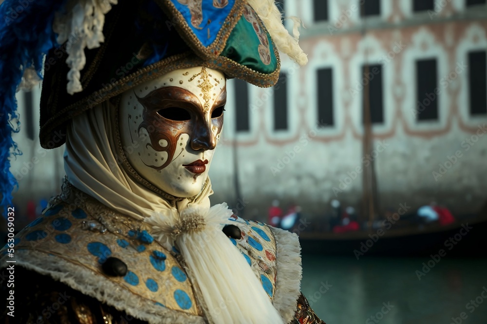 man in venetian carnival costume white beatiful mask, Generative AI