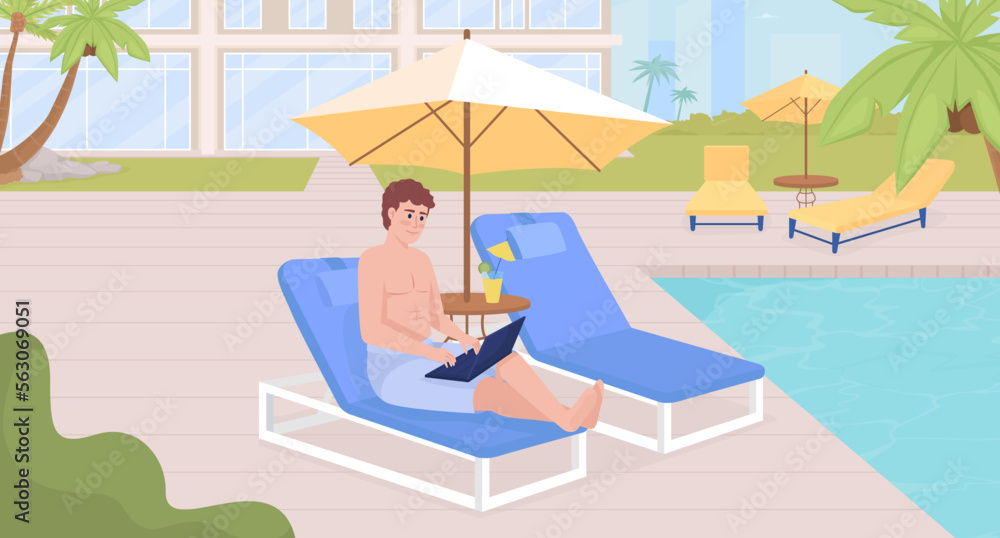 Fototapeta premium Digital nomad lifestyle on tropical vacation flat color vector illustration. Man sitting on lounger near swimming pool. Fully editable 2D simple cartoon character with hotel exterior on background
