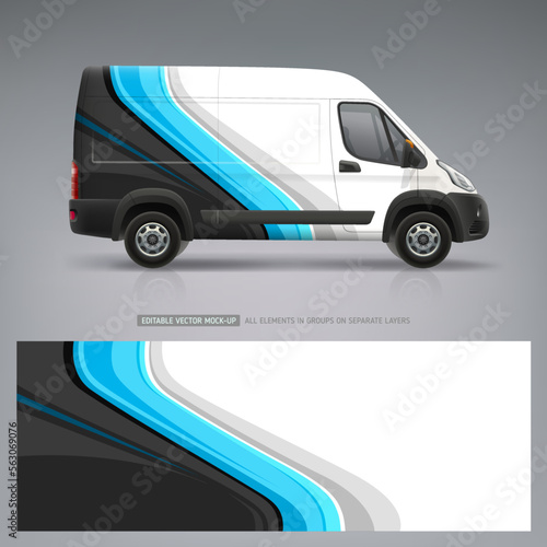 Side view Van mockup and branding wrap decal design for corporate identity. Concept of abstract graphics of blue stripes Wrap, sticker and liveryl for services van or truck. Editable vector template