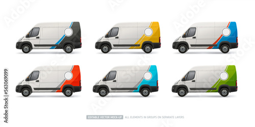 Company Van mockup set with branding wrap decal design and corporate identity. Abstract graphics and logo place. Company delivery truck with. Branding concept for transport advertising