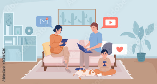 Technology use affecting family closeness flat color vector illustration. Parents and male child with devices. Fully editable 2D simple cartoon characters with living room interior on background