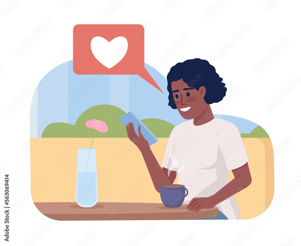Writing good online feedback about cafe experience 2D vector isolated illustration. Lady drinking coffee flat character on cartoon background. Colorful editable scene for mobile, website, presentation Writing good online feedback about cafe experience 2D vector isolated illustration. Lady drinking coffee flat character on cartoon background. Colorful editable scene for mobile, website, presentation