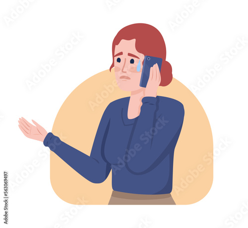 Receiving bad news over mobile phone 2D vector isolated illustration. Upset woman crying on smartphone flat character on cartoon background. Colorful editable scene for mobile, website, presentation