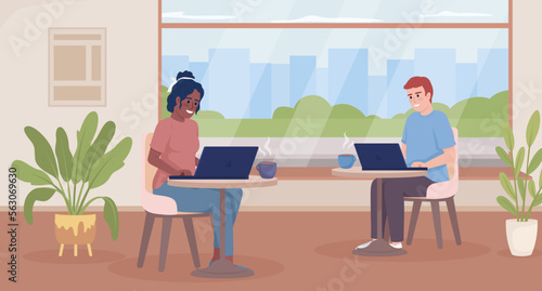 Coworking in coffee shop flat color vector illustration. Remote workers typing on laptops. Self employed freelancers. Fully editable 2D simple cartoon characters with cafe interior on background
