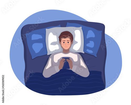 Bedtime mobile phone use 2D vector isolated illustration. Drowsy boy using smartphone while lying down flat character on cartoon background. Colorful editable scene for mobile, website, presentation