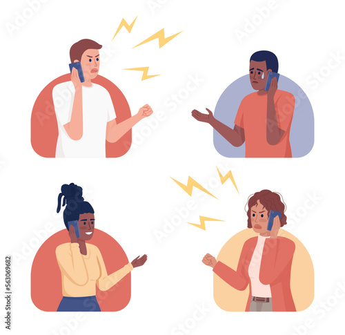Phone conversation 2D vector isolated illustration set. Rude talk. Crying on cellphone. Callers flat characters on cartoon background. Colorful editable scene pack for mobile  website  presentation