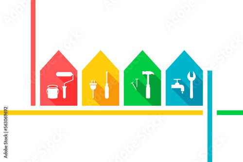 House repair, renovation, maintenance, facility management concept. Building and home improvement. Handyman, repairman, craftsman. Work tools icon set: paint roller, screwdriver, hammer, wrench icons.