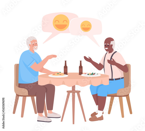 Older friends laughing together and having dinner semi flat color vector characters. Editable figures. Full body people on white. Simple cartoon style illustration for web graphic design and animation