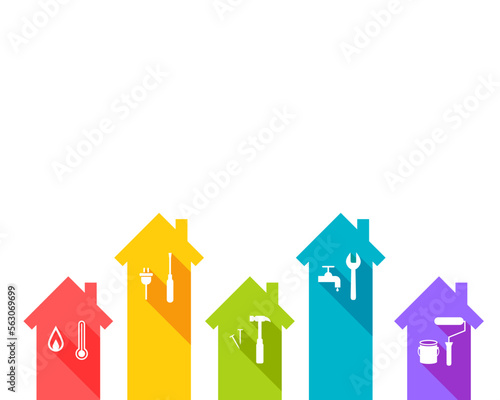 House and work tools concept. Colorful home and tool icon set. Vector illustration with copy space, isolated on white background.