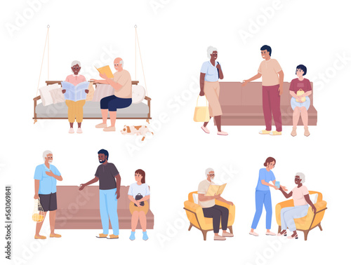 Caring for older adults semi flat color vector characters set. Aging seniors. Editable figures. Full body people on white. Simple cartoon style illustration pack for web graphic design and animation